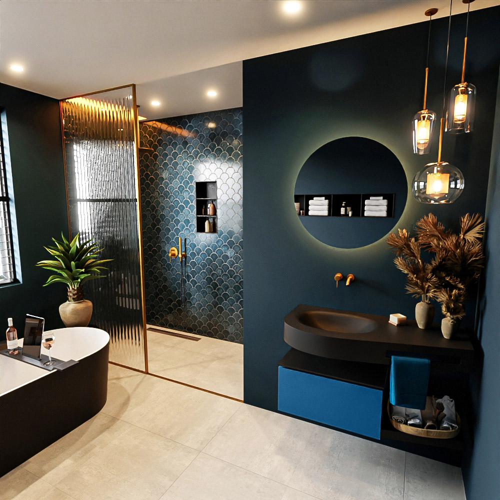 MONDIAZ RIVA 100cm mueble de baño / estante color Jeans con 1 cajón. Lavabo DULCET Izquierda sin orificio, color Urban. 1 MONDIAZ RIVA 100cm mueble de baño / estante color Jeans con 1 cajón. Lavabo DULCET Izquierda sin orificio