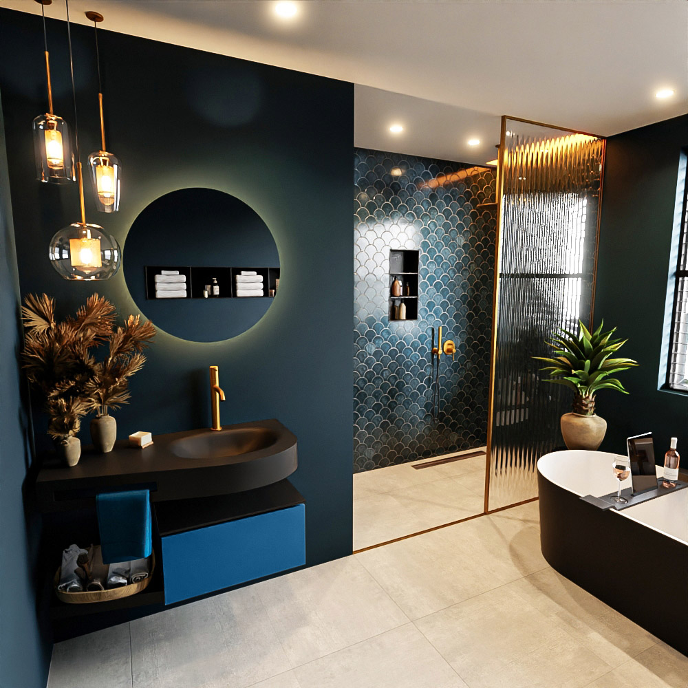 MONDIAZ RIVA 100cm mueble de baño / estante color Jeans con 1 cajón. Lavabo DULCET Derecho 1 orificio, color Urban. 1 MONDIAZ RIVA 100cm mueble de baño / estante color Jeans con 1 cajón. Lavabo DULCET Derecho 1 orificio