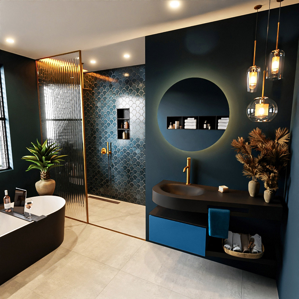 MONDIAZ RIVA 120cm mueble de baño / estante color Jeans con 1 cajón. Lavabo DULCET Izquierda 1 orificio, color Urban. 1 MONDIAZ RIVA 120cm mueble de baño / estante color Jeans con 1 cajón. Lavabo DULCET Izquierda 1 orificio
