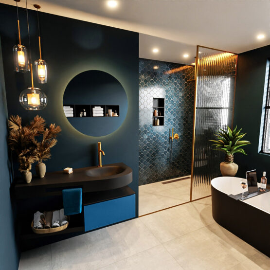 MONDIAZ RIVA 120cm mueble de baño / estante color Jeans con 1 cajón. Lavabo DULCET Derecho 1 orificio