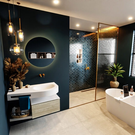 MONDIAZ RIVA 100cm mueble de baño / estante color Light Brown Grey con 1 cajón. Lavabo DULCET Derecho sin orificio