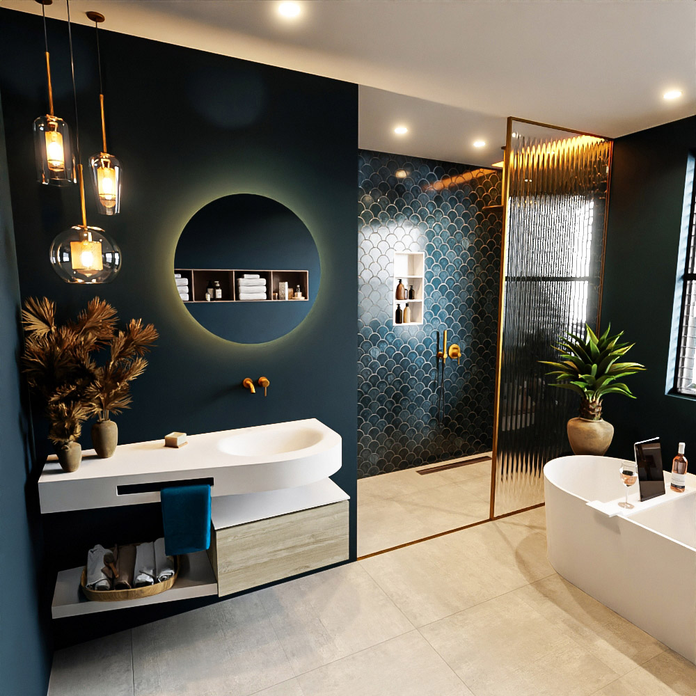MONDIAZ RIVA 120cm mueble de baño / estante color Light Brown Grey con 1 cajón. Lavabo DULCET Derecho sin orificio