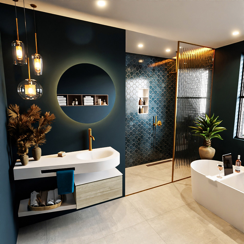 MONDIAZ RIVA 120cm mueble de baño / estante color Light Brown Grey con 1 cajón. Lavabo DULCET Derecho 1 orificio