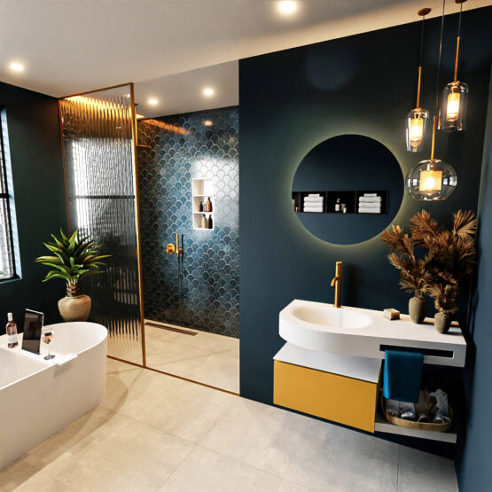 MONDIAZ RIVA 100cm mueble de baño / estante color Ocher con 1 cajón. Lavabo DULCET Izquierda 1 orificio