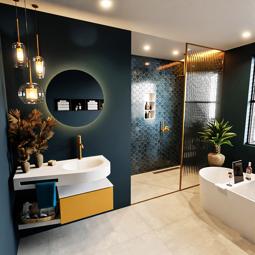 MONDIAZ RIVA 100cm mueble de baño / estante color Ocher con 1 cajón. Lavabo DULCET Derecho 1 orificio, color Talc. 1 MONDIAZ RIVA 100cm mueble de baño / estante color Ocher con 1 cajón. Lavabo DULCET Derecho 1 orificio