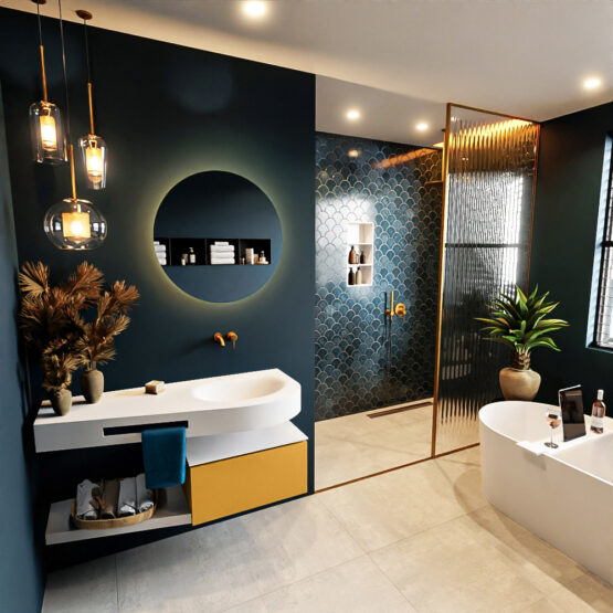 MONDIAZ RIVA 120cm mueble de baño / estante color Ocher con 1 cajón. Lavabo DULCET Derecho sin orificio