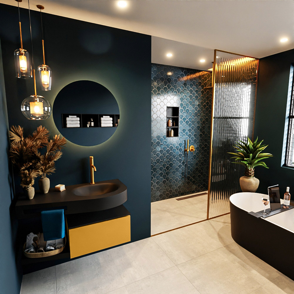 MONDIAZ RIVA 100cm mueble de baño / estante color Ocher con 1 cajón. Lavabo DULCET Derecho 1 orificio, color Urban. 1 MONDIAZ RIVA 100cm mueble de baño / estante color Ocher con 1 cajón. Lavabo DULCET Derecho 1 orificio