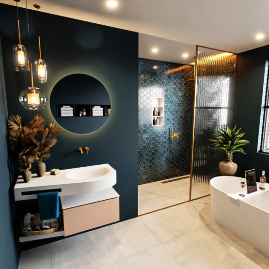 MONDIAZ RIVA 100cm mueble de baño / estante color Rosee con 1 cajón. Lavabo DULCET Derecho sin orificio