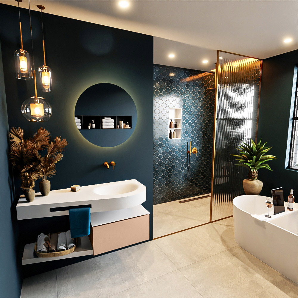 MONDIAZ RIVA 120cm mueble de baño / estante color Rosee con 1 cajón. Lavabo DULCET Derecho sin orificio, color Talc. 1 MONDIAZ RIVA 120cm mueble de baño / estante color Rosee con 1 cajón. Lavabo DULCET Derecho sin orificio
