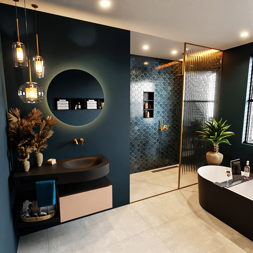 MONDIAZ RIVA 100cm mueble de baño / estante color Rosee con 1 cajón. Lavabo DULCET Derecho sin orificio, color Urban. 1 MONDIAZ RIVA 100cm mueble de baño / estante color Rosee con 1 cajón. Lavabo DULCET Derecho sin orificio