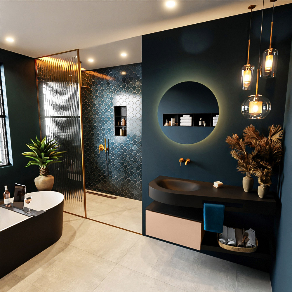 MONDIAZ RIVA 120cm mueble de baño / estante color Rosee con 1 cajón. Lavabo DULCET Izquierda sin orificio, color Urban. 1 MONDIAZ RIVA 120cm mueble de baño / estante color Rosee con 1 cajón. Lavabo DULCET Izquierda sin orificio