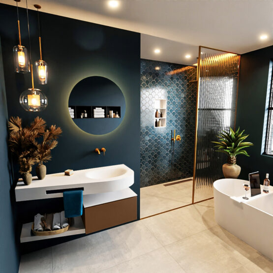 MONDIAZ RIVA 120cm mueble de baño / estante color Rust con 1 cajón. Lavabo DULCET Derecho sin orificio