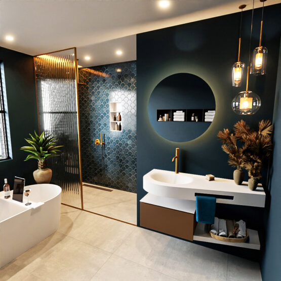 MONDIAZ RIVA 120cm mueble de baño / estante color Rust con 1 cajón. Lavabo DULCET Izquierda 1 orificio