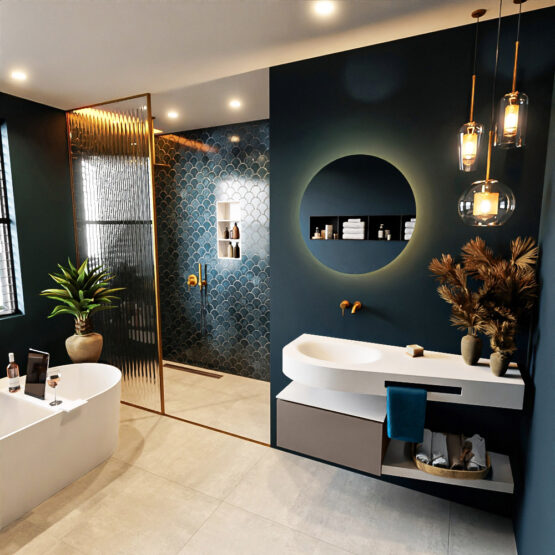 MONDIAZ RIVA 120cm mueble de baño / estante color Smoke con 1 cajón. Lavabo DULCET Izquierda sin orificio