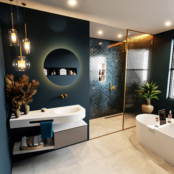 MONDIAZ RIVA 120cm mueble de baño / estante color Smoke con 1 cajón. Lavabo DULCET Derecho sin orificio