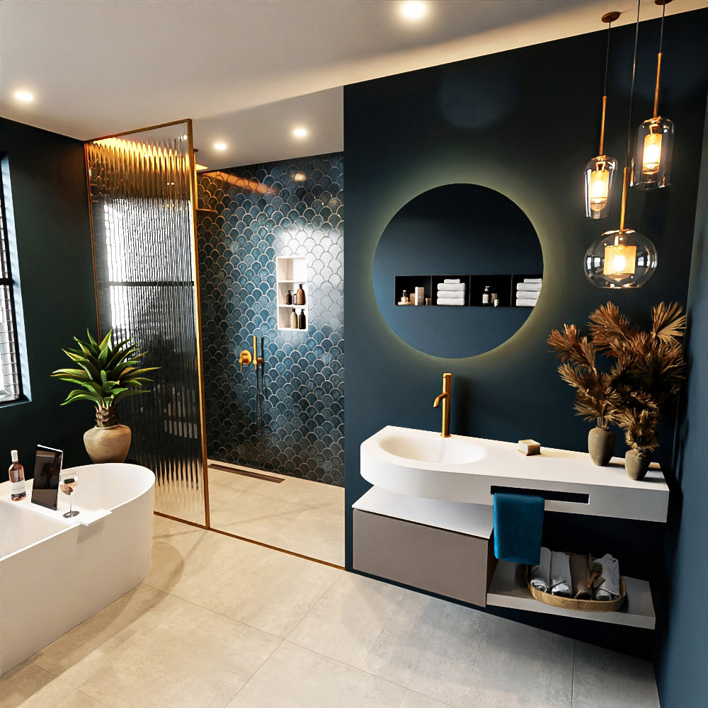 MONDIAZ RIVA 120cm mueble de baño / estante color Smoke con 1 cajón. Lavabo DULCET Izquierda 1 orificio, color Talc. 1 MONDIAZ RIVA 120cm mueble de baño / estante color Smoke con 1 cajón. Lavabo DULCET Izquierda 1 orificio