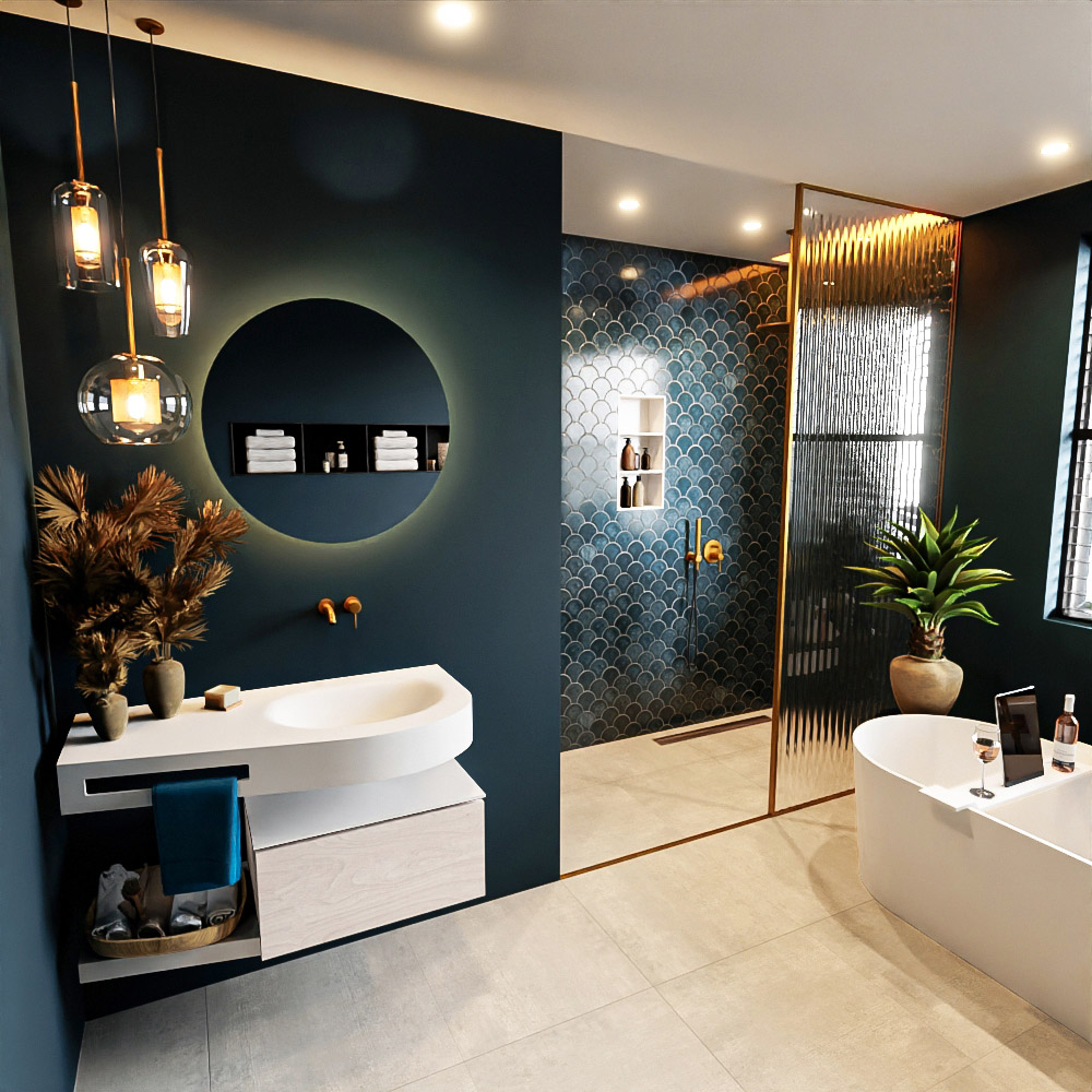 MONDIAZ RIVA 100cm mueble de baño / estante color Underlayment con 1 cajón. Lavabo DULCET Derecho sin orificio, color Talc. 1 MONDIAZ RIVA 100cm mueble de baño / estante color Underlayment con 1 cajón. Lavabo DULCET Derecho sin orificio