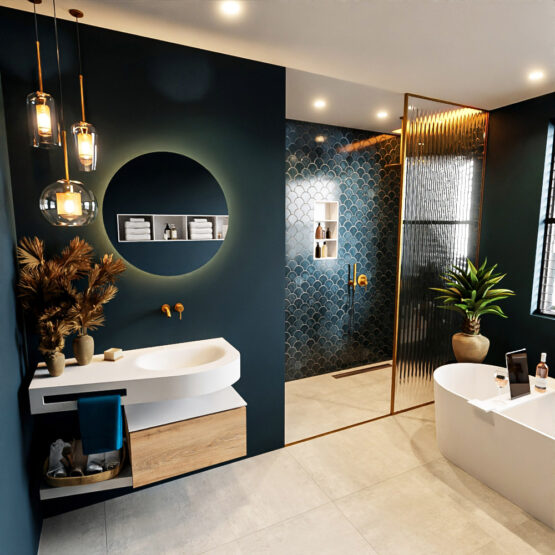 MONDIAZ RIVA 100cm mueble de baño / estante color Washed Oak con 1 cajón. Lavabo DULCET Derecho sin orificio