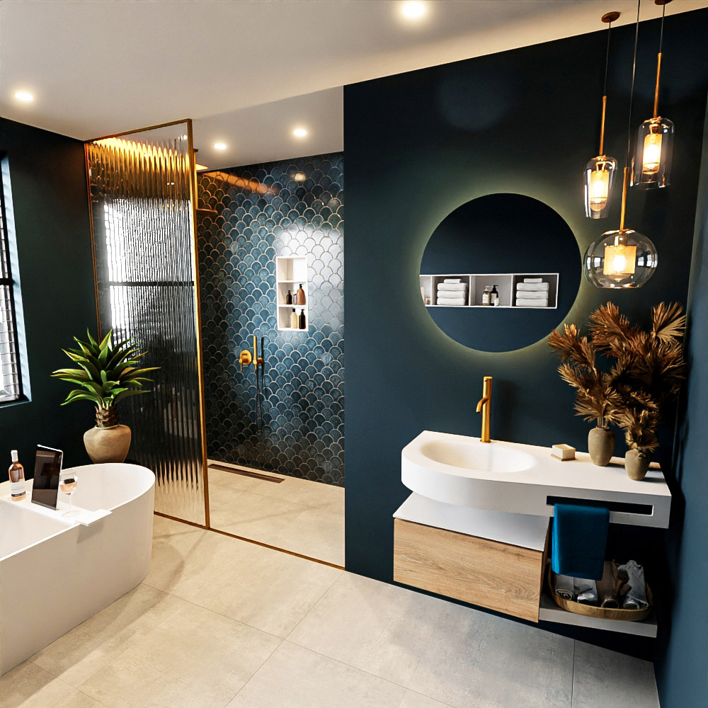 MONDIAZ RIVA 100cm mueble de baño / estante color Washed Oak con 1 cajón. Lavabo DULCET Izquierda 1 orificio, color Talc. 1 MONDIAZ RIVA 100cm mueble de baño / estante color Washed Oak con 1 cajón. Lavabo DULCET Izquierda 1 orificio