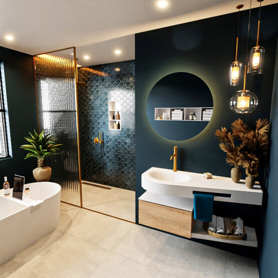 MONDIAZ RIVA 120cm mueble de baño / estante color Washed Oak con 1 cajón. Lavabo DULCET Izquierda 1 orificio