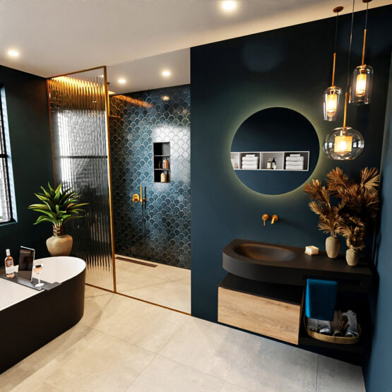 MONDIAZ RIVA 100cm mueble de baño / estante color Washed Oak con 1 cajón. Lavabo DULCET Izquierda sin orificio