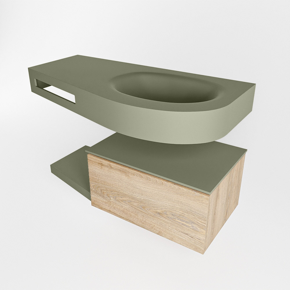 MONDIAZ RIVA 100cm mueble de baño / estante color Washed Oak con 1 cajón. Lavabo DULCET Derecho sin orificio, color Army. - Imagen 4