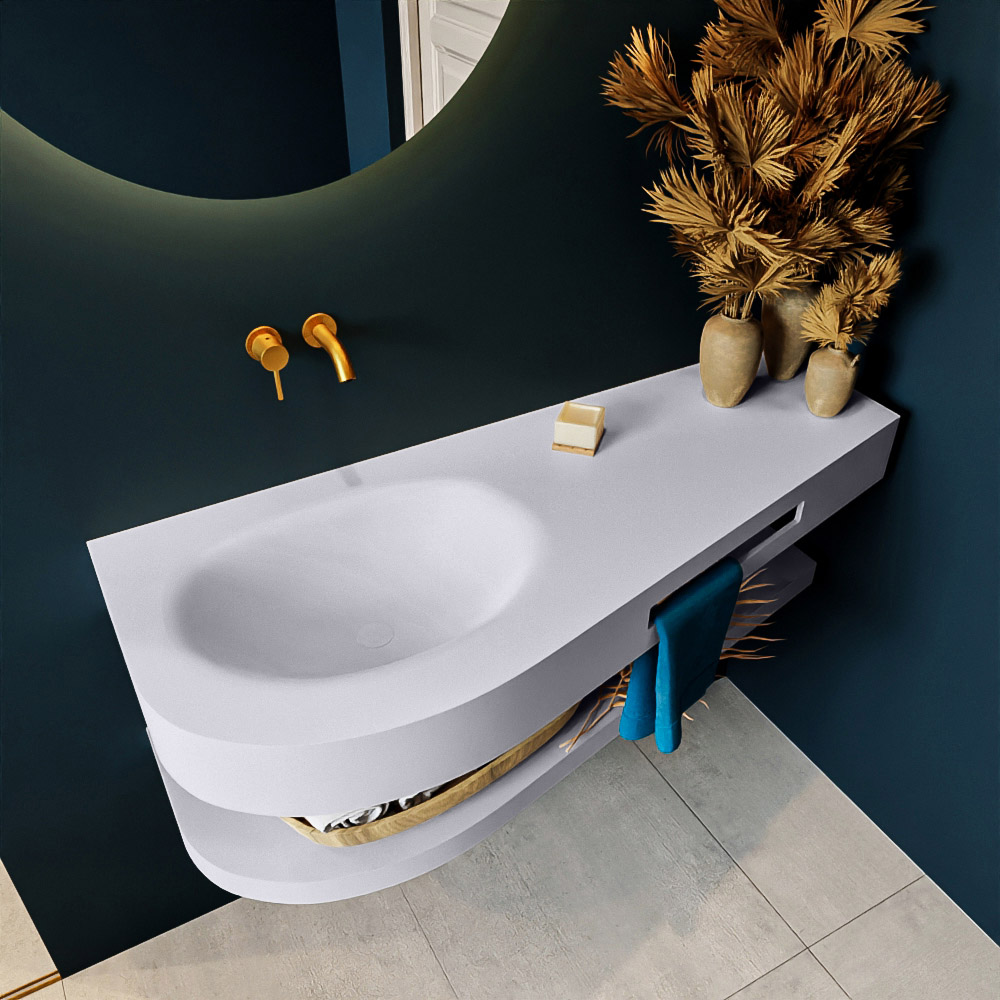 MONDIAZ RIVA 120cm lavabo con estante color Cale. Lavabo DULCET Izquierda sin orificio, color Cale. 2 color Cale.