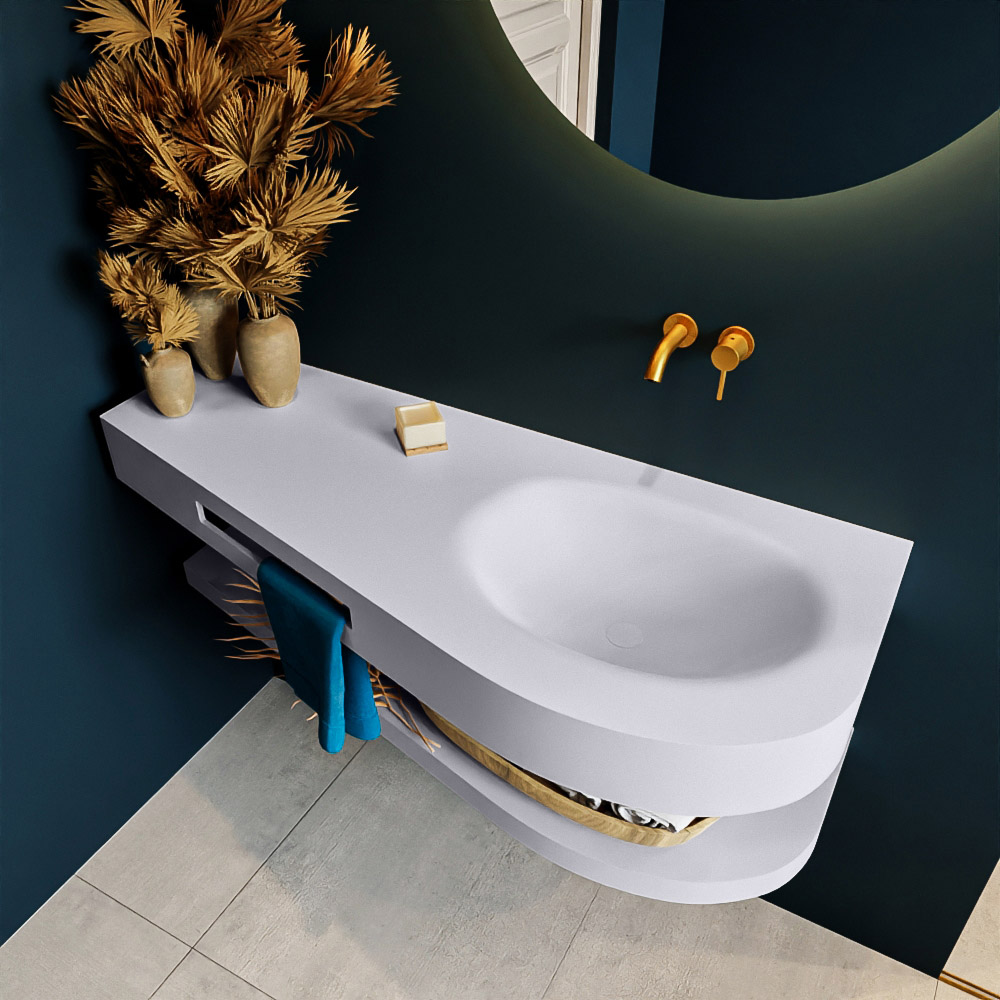 MONDIAZ RIVA 120cm lavabo con estante color Cale. Lavabo DULCET Derecho sin orificio, color Cale. 2 color Cale.