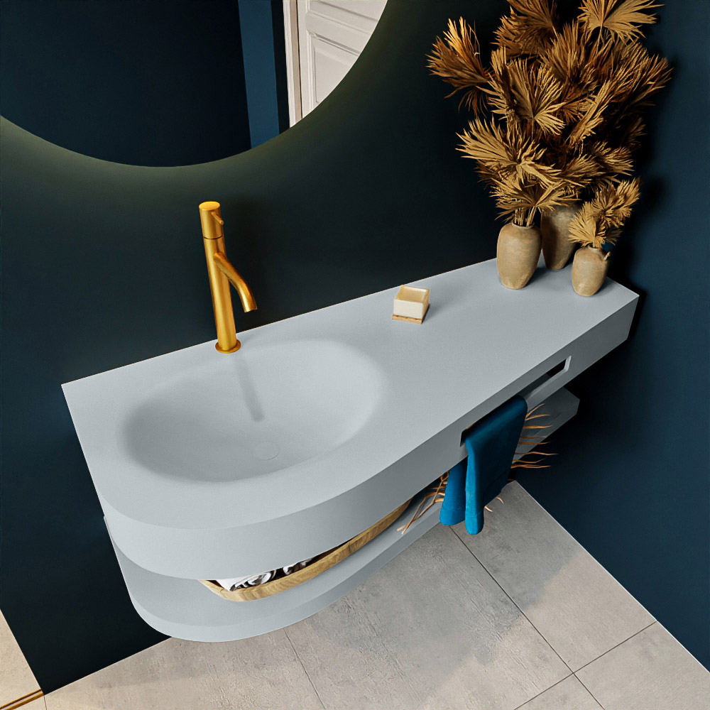 MONDIAZ RIVA 120cm lavabo con estante color Clay. Lavabo DULCET Izquierda 1 orificio, color Clay. 2 color Clay.