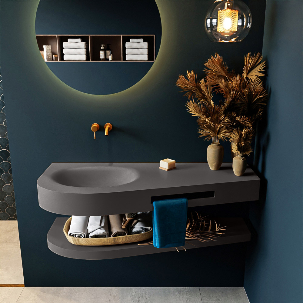 MONDIAZ RIVA 120cm lavabo con estante color Dark Grey. Lavabo DULCET Izquierda sin orificio, color Dark Grey. 3 MONDIAZ RIVA 120cm lavabo con estante color Dark Grey. Lavabo DULCET Izquierda sin orificio, color Dark Grey. - Imagen 3