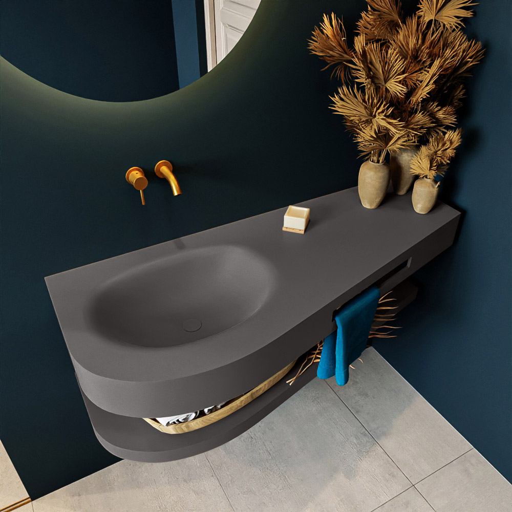 MONDIAZ RIVA 120cm lavabo con estante color Dark Grey. Lavabo DULCET Izquierda sin orificio, color Dark Grey. 2 color Dark Grey.