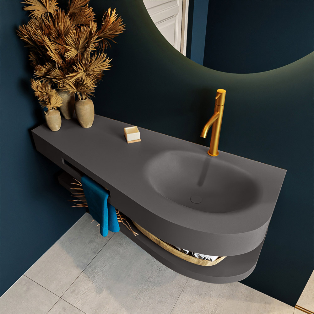 MONDIAZ RIVA 120cm lavabo con estante color Dark Grey. Lavabo DULCET Derecho 1 orificio, color Dark Grey. 2 color Dark Grey.