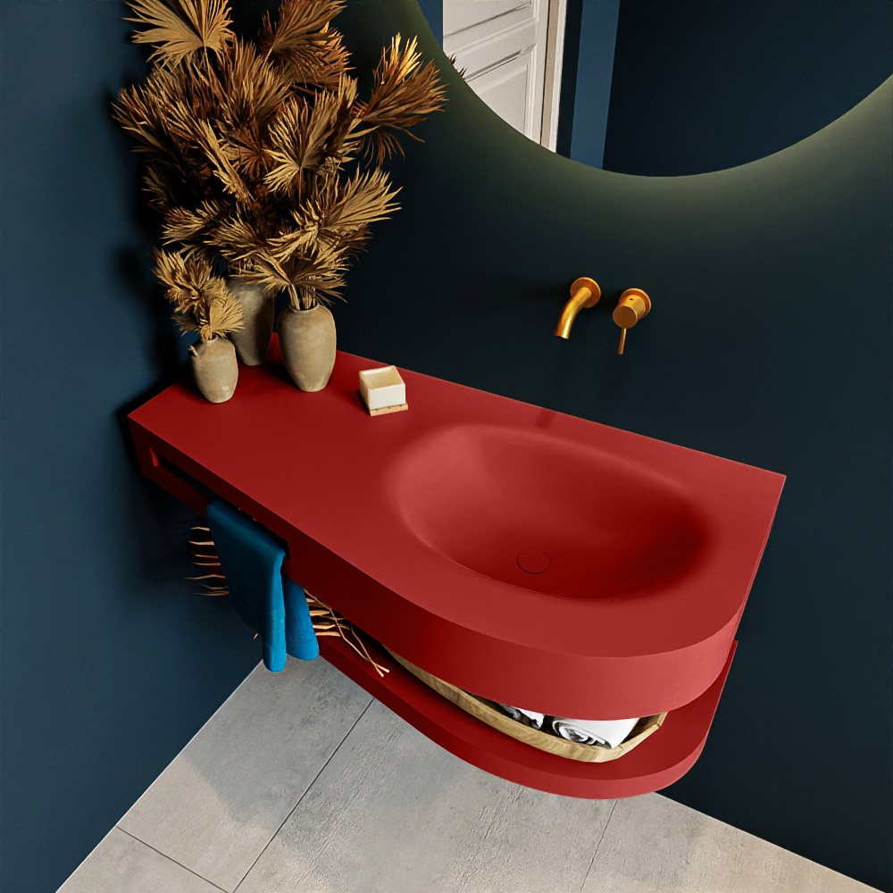MONDIAZ RIVA 100cm lavabo con estante color Fire. Lavabo DULCET Derecho sin orificio, color Fire. 2 color Fire.