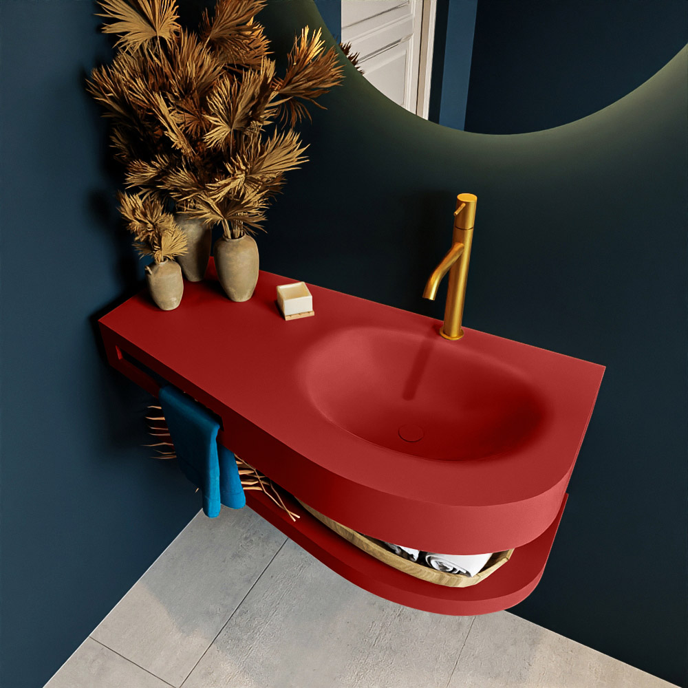 MONDIAZ RIVA 100cm lavabo con estante color Fire. Lavabo DULCET Derecho 1 orificio, color Fire. 2 color Fire.