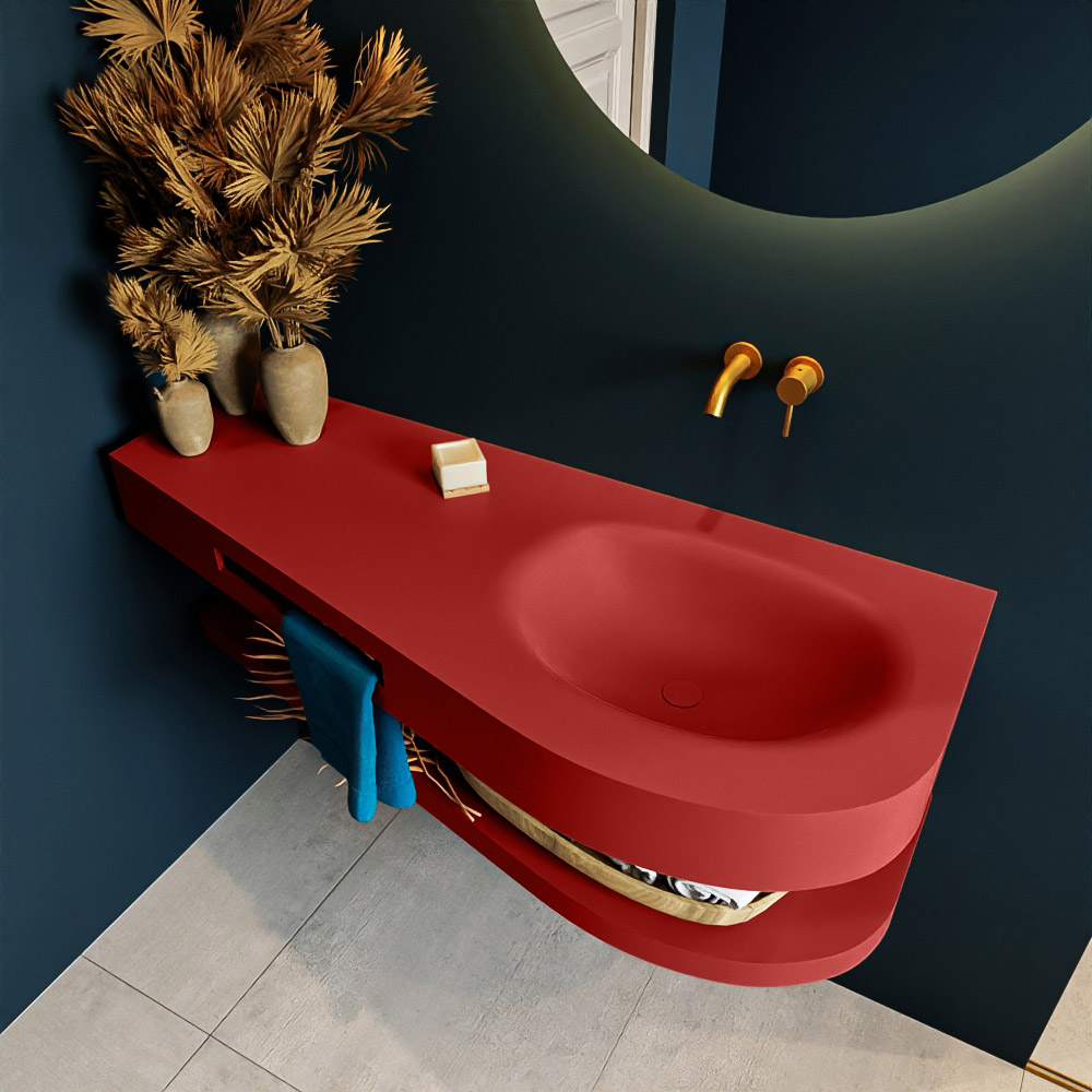 MONDIAZ RIVA 120cm lavabo con estante color Fire. Lavabo DULCET Derecho sin orificio, color Fire. 2 color Fire.