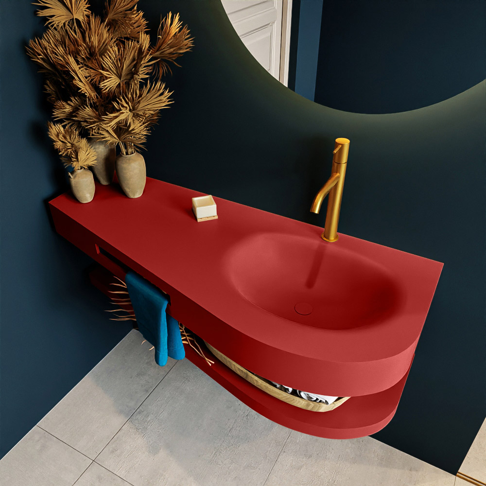 MONDIAZ RIVA 120cm lavabo con estante color Fire. Lavabo DULCET Derecho 1 orificio, color Fire. 2 color Fire.