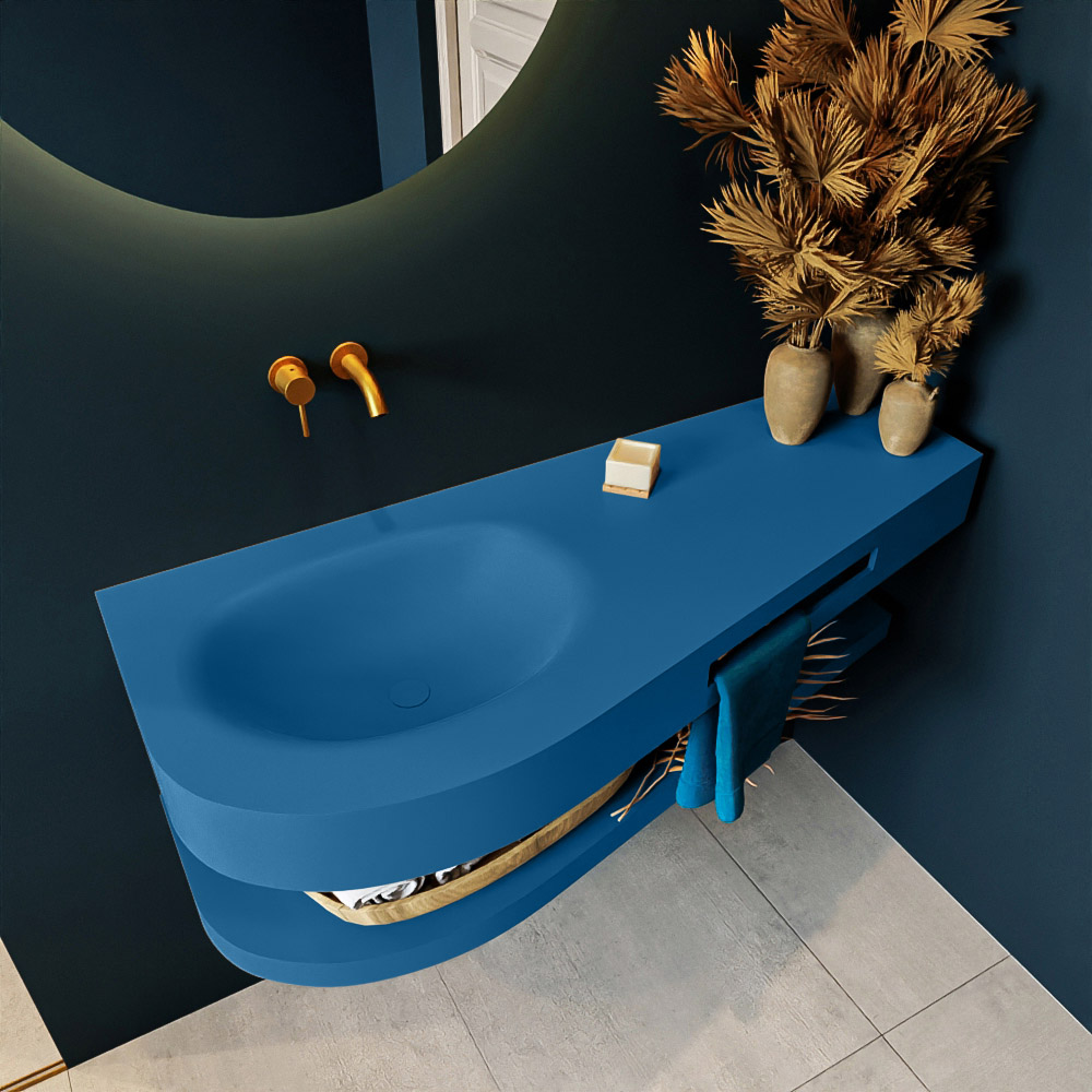 MONDIAZ RIVA 120cm lavabo con estante color Jeans. Lavabo DULCET Izquierda sin orificio, color Jeans. 2 color Jeans.