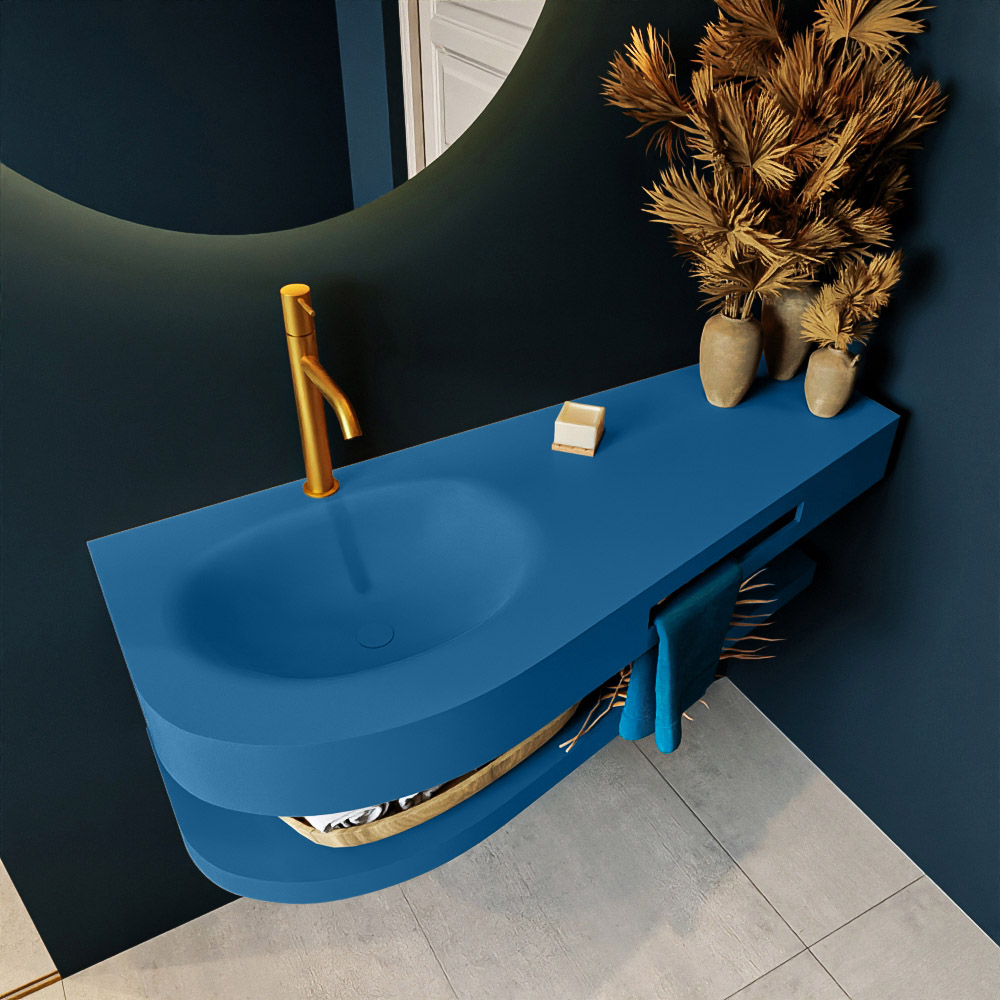MONDIAZ RIVA 120cm lavabo con estante color Jeans. Lavabo DULCET Izquierda 1 orificio, color Jeans. 2 color Jeans.