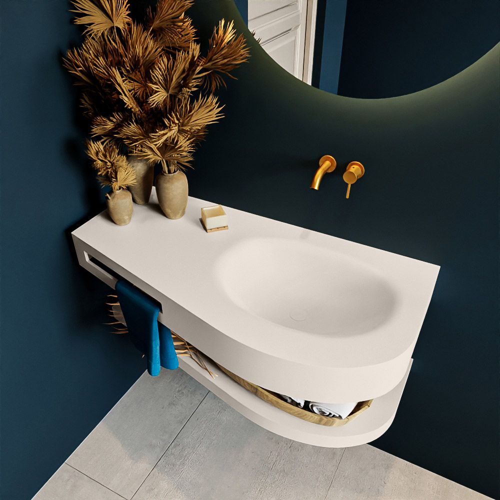 MONDIAZ RIVA 100cm lavabo con estante color Linen. Lavabo DULCET Derecho sin orificio, color Linen. 2 color Linen.