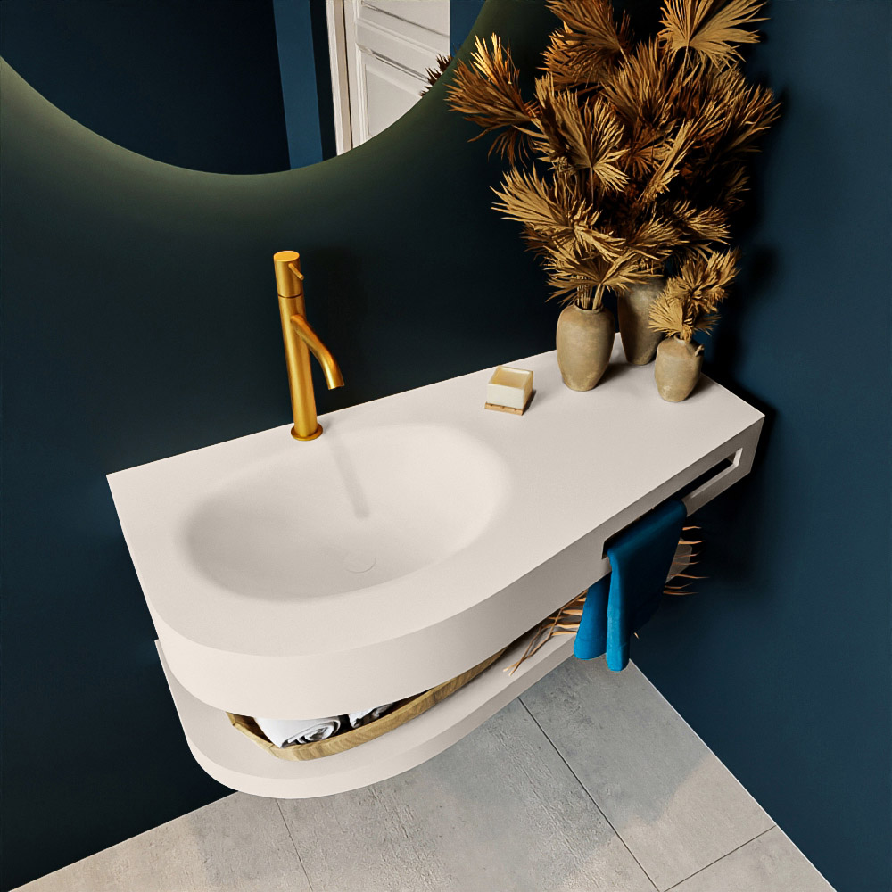 MONDIAZ RIVA 100cm lavabo con estante color Linen. Lavabo DULCET Izquierda 1 orificio, color Linen. 2 color Linen.