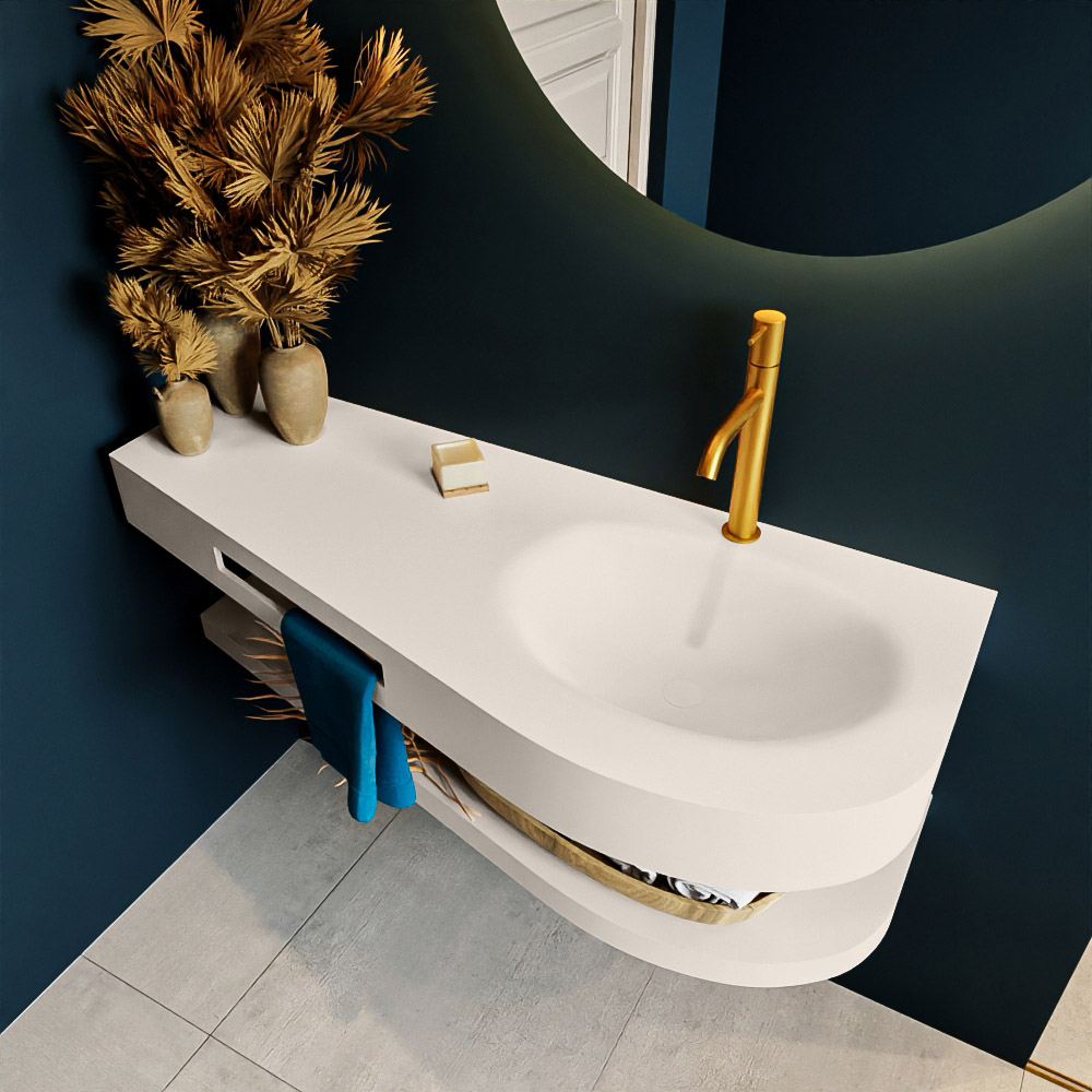 MONDIAZ RIVA 120cm lavabo con estante color Linen. Lavabo DULCET Derecho 1 orificio, color Linen. 2 color Linen.