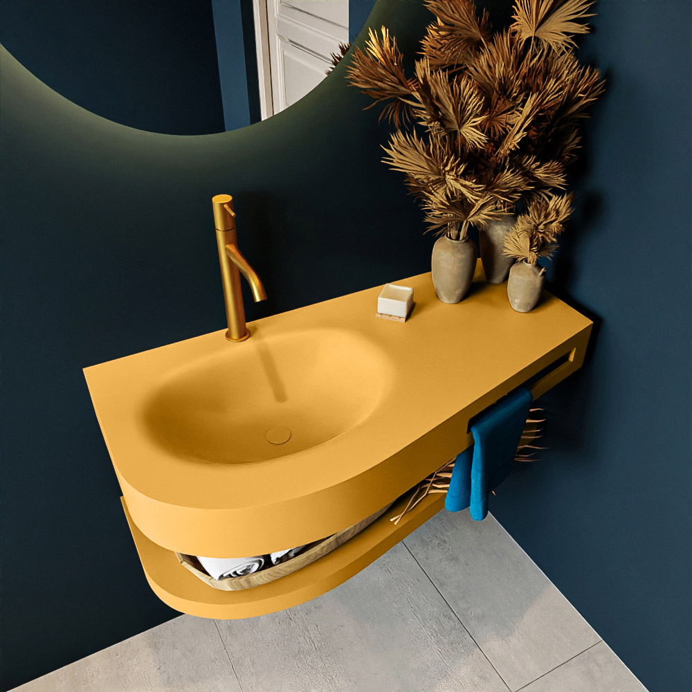 MONDIAZ RIVA 100cm lavabo con estante color Ocher. Lavabo DULCET Izquierda 1 orificio, color Ocher. 2 color Ocher.