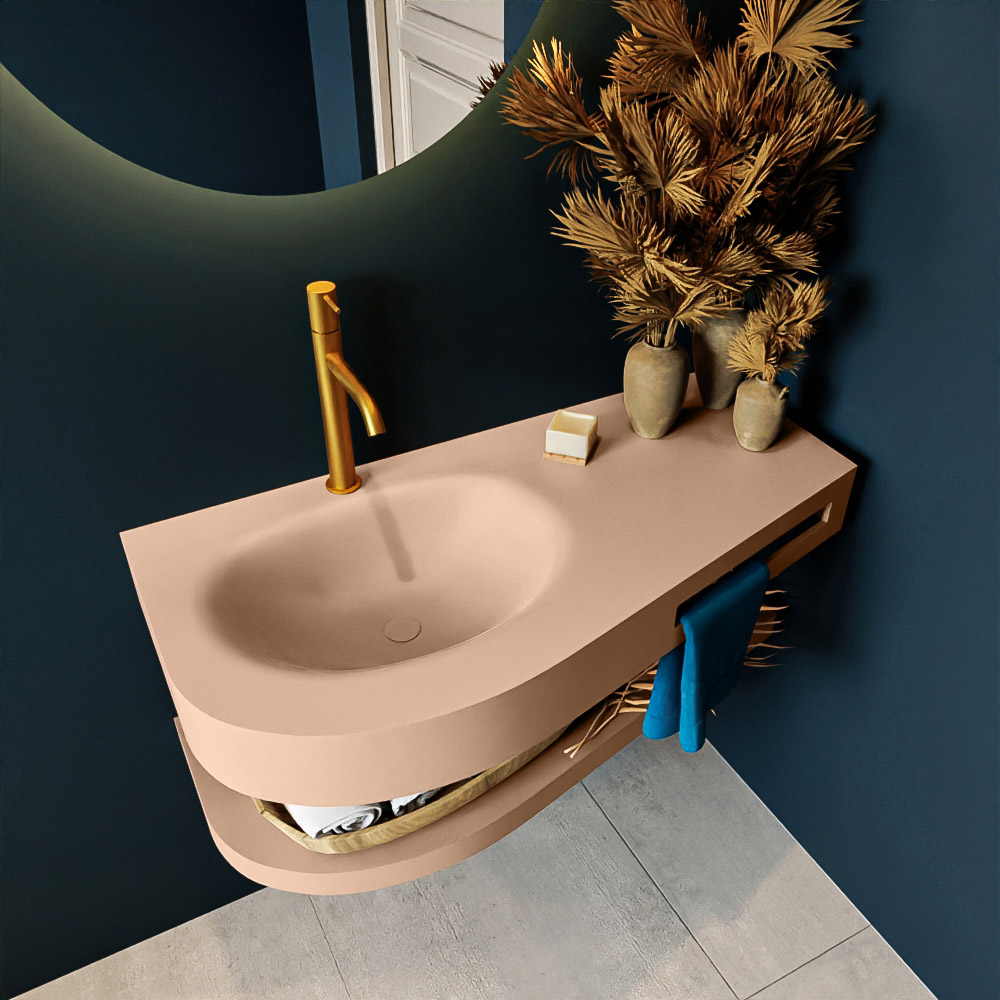 MONDIAZ RIVA 100cm lavabo con estante color Rosee. Lavabo DULCET Izquierda 1 orificio, color Rosee. 2 color Rosee.