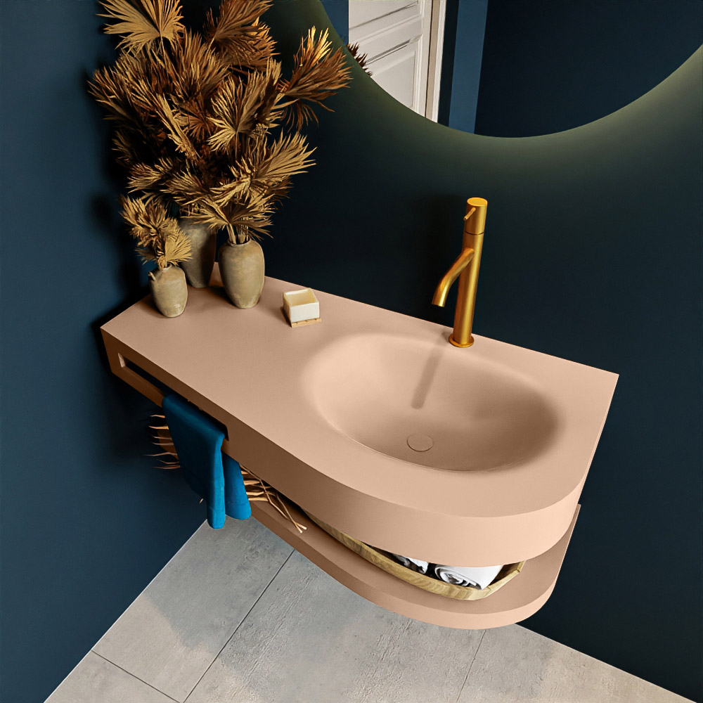 MONDIAZ RIVA 100cm lavabo con estante color Rosee. Lavabo DULCET Derecho 1 orificio, color Rosee. 2 color Rosee.