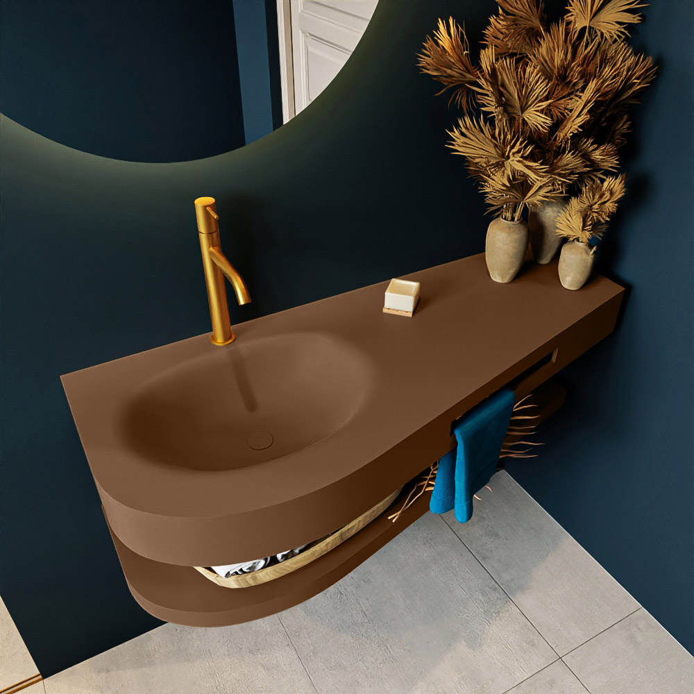 MONDIAZ RIVA 120cm lavabo con estante color Rust. Lavabo DULCET Izquierda 1 orificio, color Rust. 2 color Rust.