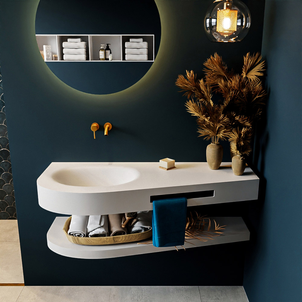 MONDIAZ RIVA 120cm lavabo con estante color Talc. Lavabo DULCET Izquierda sin orificio, color Talc. 3 MONDIAZ RIVA 120cm lavabo con estante color Talc. Lavabo DULCET Izquierda sin orificio, color Talc. - Imagen 3