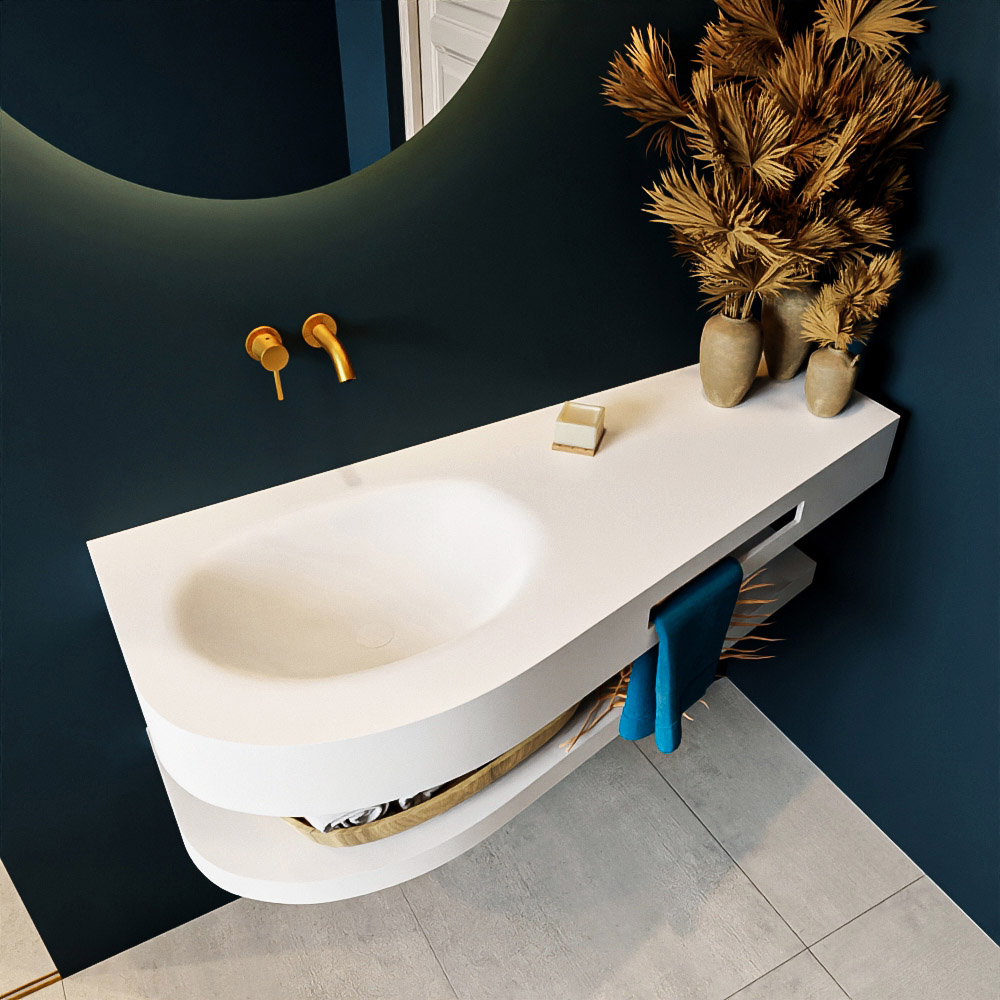 MONDIAZ RIVA 120cm lavabo con estante color Talc. Lavabo DULCET Izquierda sin orificio, color Talc. 2 color Talc.