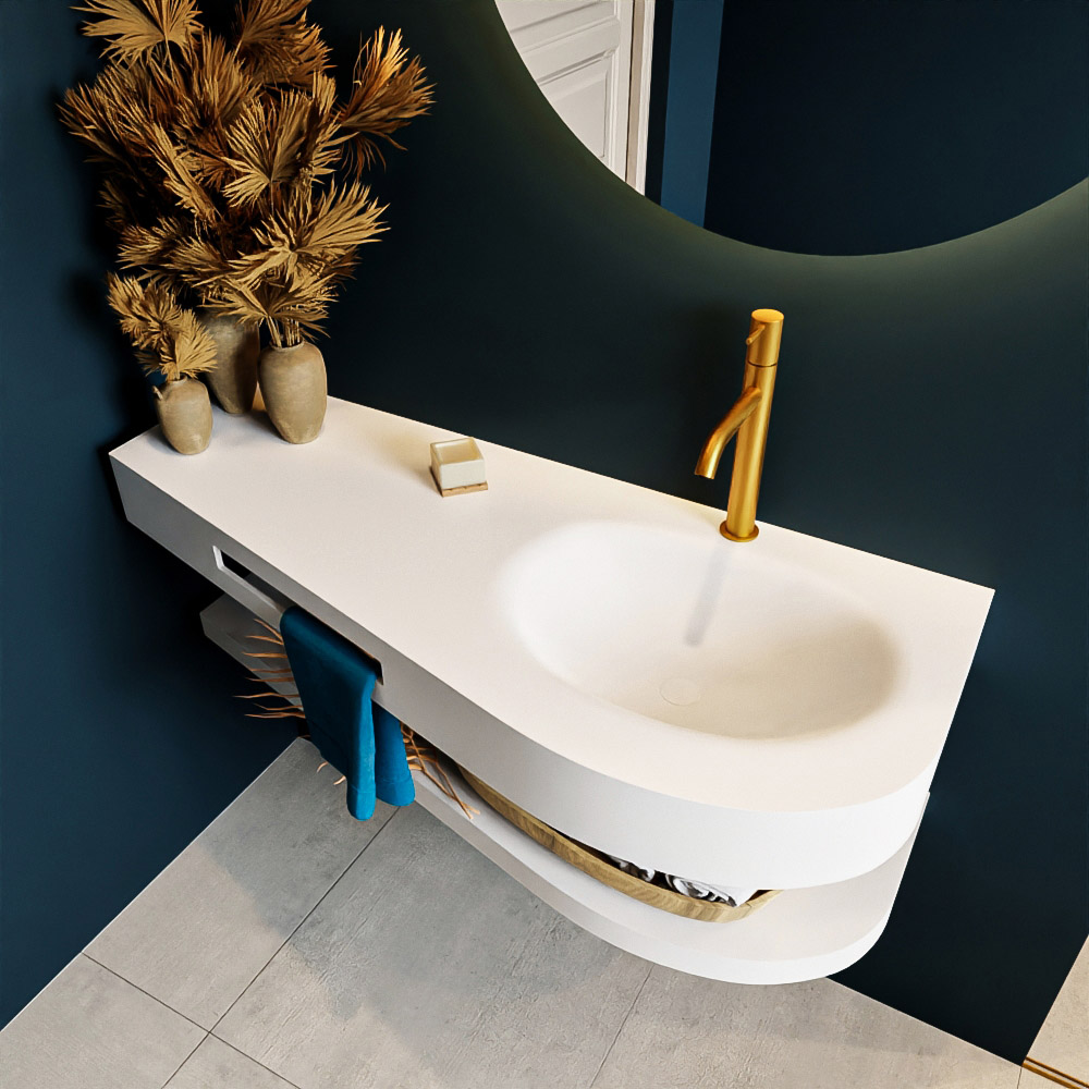 MONDIAZ RIVA 120cm lavabo con estante color Talc. Lavabo DULCET Derecho 1 orificio, color Talc. 2 color Talc.