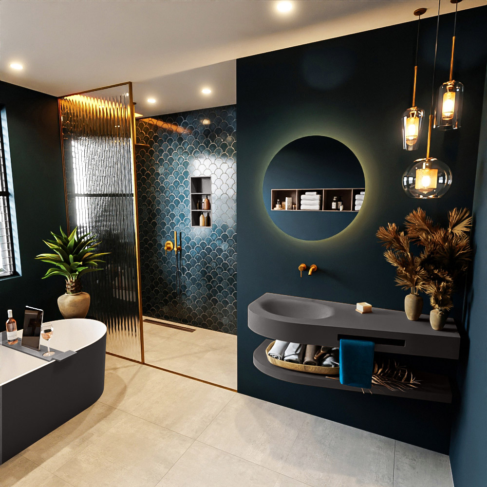 MONDIAZ RIVA 120cm lavabo con estante color Dark Grey. Lavabo DULCET Izquierda sin orificio, color Dark Grey. 1 MONDIAZ RIVA 120cm lavabo con estante color Dark Grey. Lavabo DULCET Izquierda sin orificio