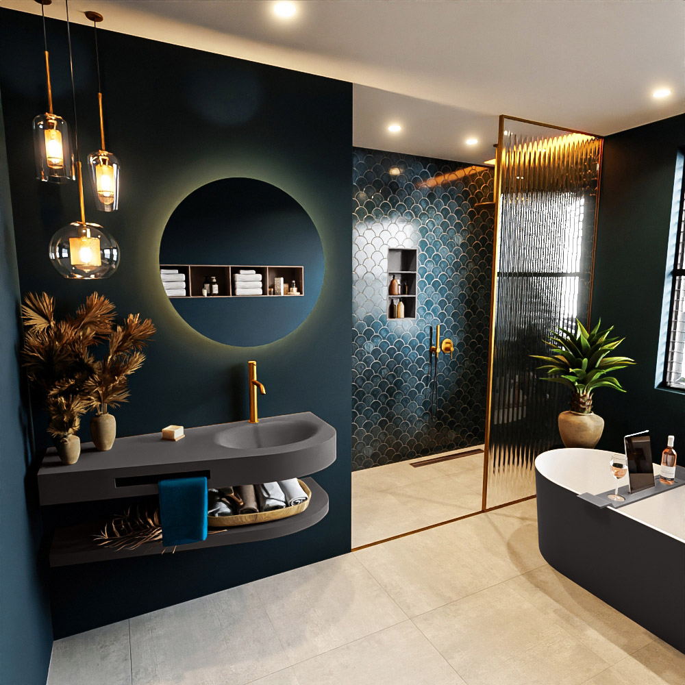 MONDIAZ RIVA 120cm lavabo con estante color Dark Grey. Lavabo DULCET Derecho 1 orificio, color Dark Grey. 1 MONDIAZ RIVA 120cm lavabo con estante color Dark Grey. Lavabo DULCET Derecho 1 orificio